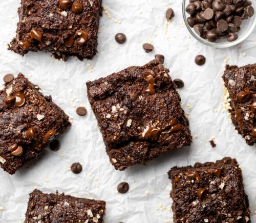 Quinoa Fudge Brownies with flax, sweet potato, vanilla, chocolate chips, and quinoa