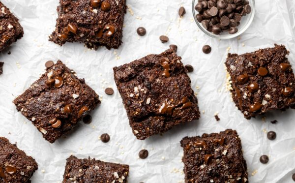 Quinoa Fudge Brownies with flax, sweet potato, vanilla, chocolate chips, and quinoa