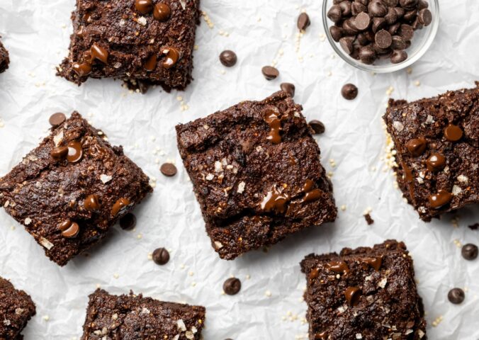 Quinoa Fudge Brownies with flax, sweet potato, vanilla, chocolate chips, and quinoa