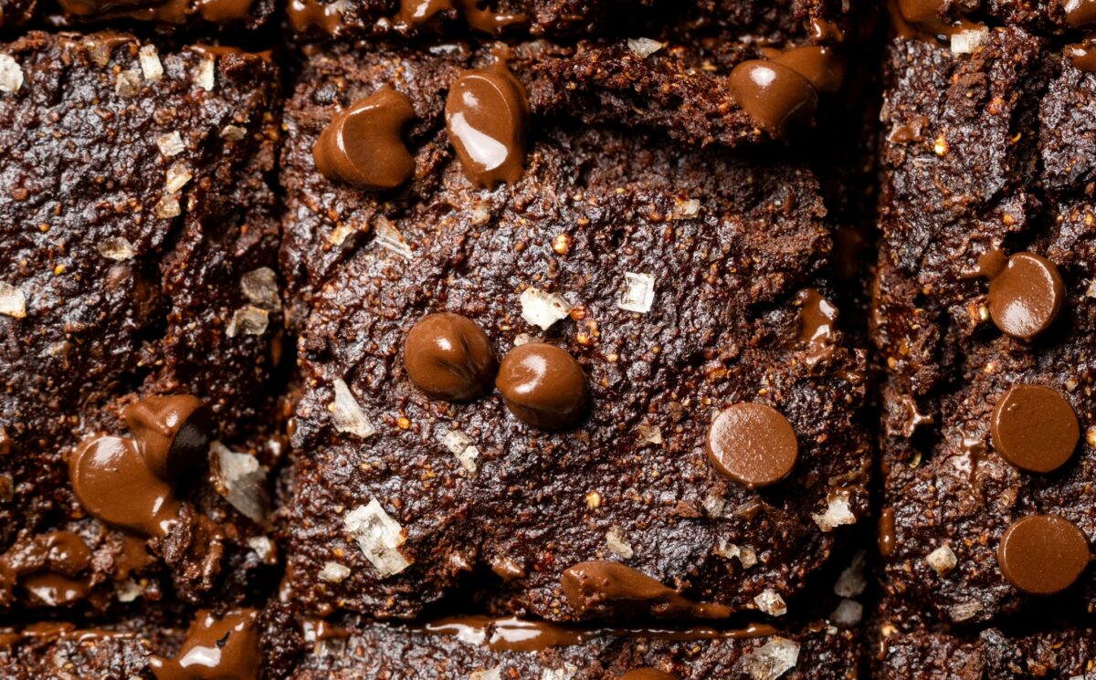 Quinoa Fudge Brownies with flax, sweet potato, vanilla, chocolate chips, and quinoa