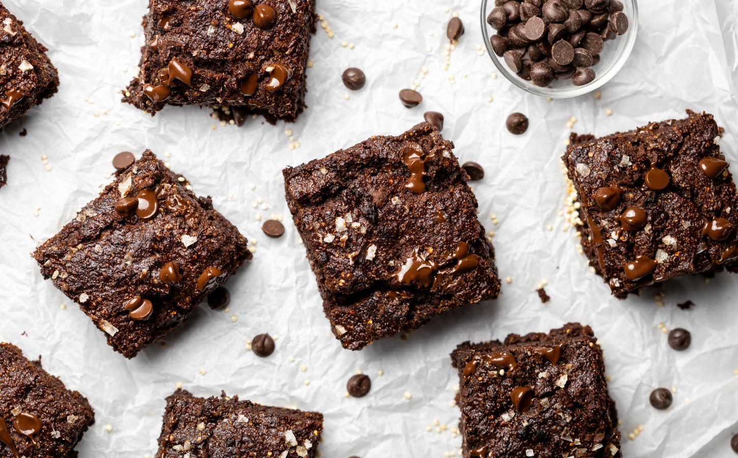 Quinoa Fudge Brownies with flax, sweet potato, vanilla, chocolate chips, and quinoa