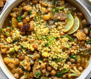 Roasted Cauliflower, Chickpea, And Tempeh Moghrabieh