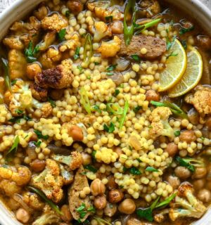 Roasted Cauliflower, Chickpea, And Tempeh Moghrabieh
