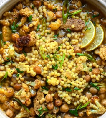 Roasted Cauliflower, Chickpea, And Tempeh Moghrabieh