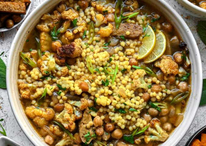Roasted Cauliflower, Chickpea, And Tempeh Moghrabieh