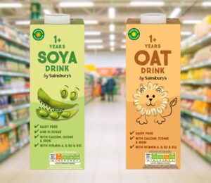 Photo shows two cartons of Sainsbury's plant-based milk, soya (left), and oat (right), for kids. Shoppers can now purchase kid-friendly soy and oat milk products at Sainsbury’s