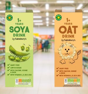 Photo shows two cartons of Sainsbury's plant-based milk, soya (left), and oat (right), for kids. Shoppers can now purchase kid-friendly soy and oat milk products at Sainsbury’s