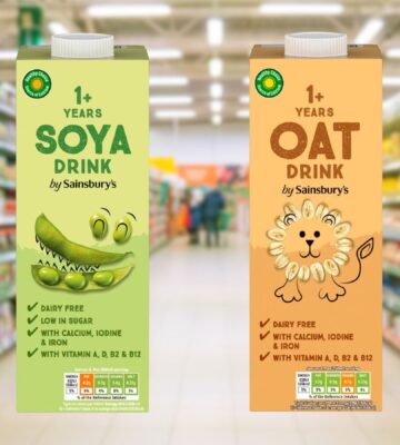 Photo shows two cartons of Sainsbury's plant-based milk, soya (left), and oat (right), for kids. Shoppers can now purchase kid-friendly soy and oat milk products at Sainsbury’s