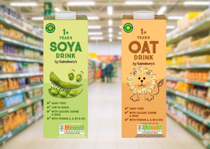Photo shows two cartons of Sainsbury's plant-based milk, soya (left), and oat (right), for kids. Shoppers can now purchase kid-friendly soy and oat milk products at Sainsbury’s
