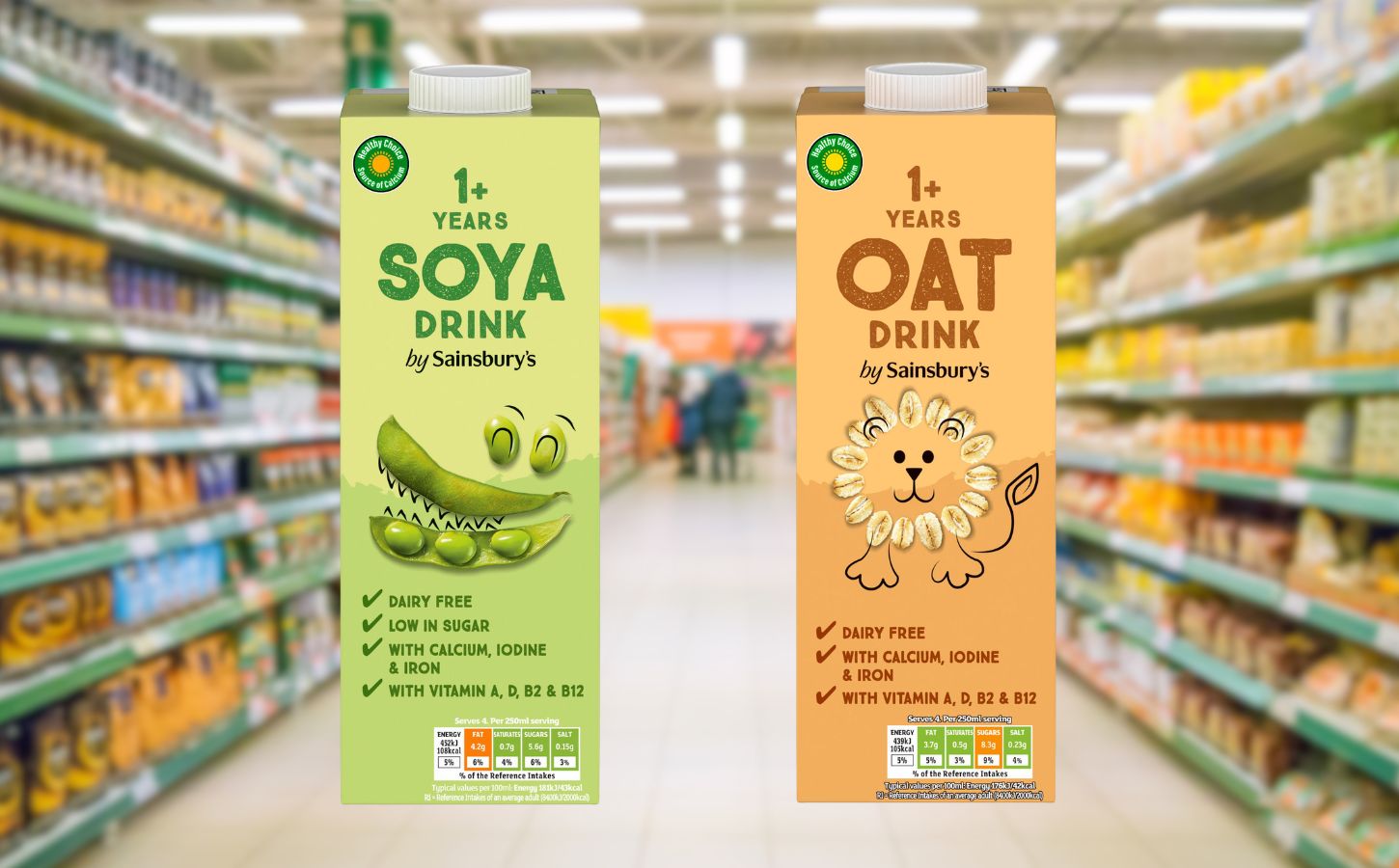 Photo shows two cartons of Sainsbury's plant-based milk, soya (left), and oat (right), for kids. Shoppers can now purchase kid-friendly soy and oat milk products at Sainsbury’s