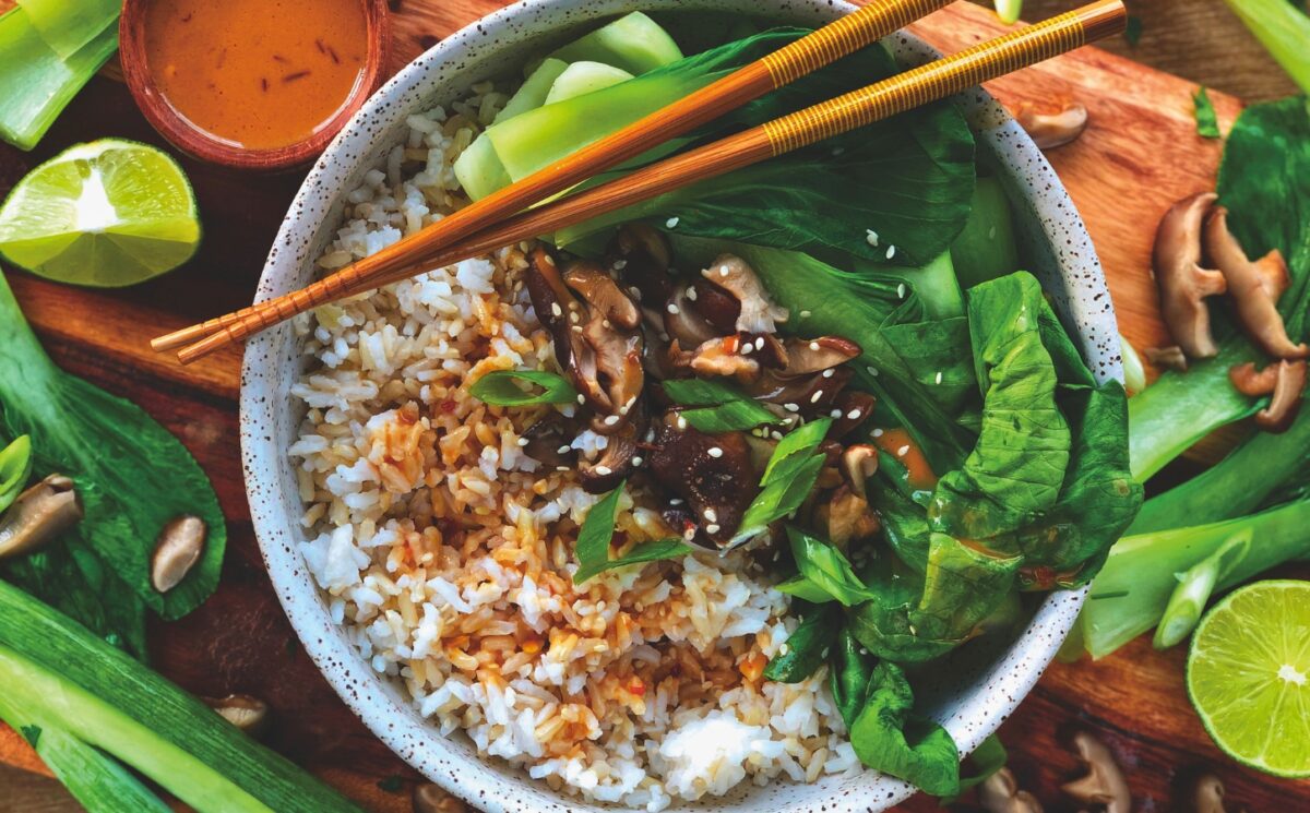 Shiitake Rice With Bok Choy And Thai Peanut Sauce
