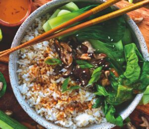Shiitake Rice With Bok Choy And Thai Peanut Sauce