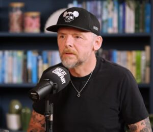 Photo shows Simon Pegg during a recent appearance on the podcast 'Great Company with Jamie Laing,' where Pegg said that humanity's preference to change the environment rather than live in harmony with it makes him think "that maybe humans were a mistake, like an aberration"