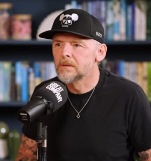 Photo shows Simon Pegg during a recent appearance on the podcast 'Great Company with Jamie Laing,' where Pegg said that humanity's preference to change the environment rather than live in harmony with it makes him think "that maybe humans were a mistake, like an aberration"