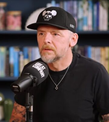 Photo shows Simon Pegg during a recent appearance on the podcast 'Great Company with Jamie Laing,' where Pegg said that humanity's preference to change the environment rather than live in harmony with it makes him think "that maybe humans were a mistake, like an aberration"