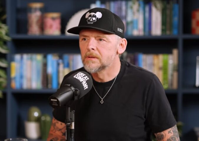 Photo shows Simon Pegg during a recent appearance on the podcast 'Great Company with Jamie Laing,' where Pegg said that humanity's preference to change the environment rather than live in harmony with it makes him think "that maybe humans were a mistake, like an aberration"