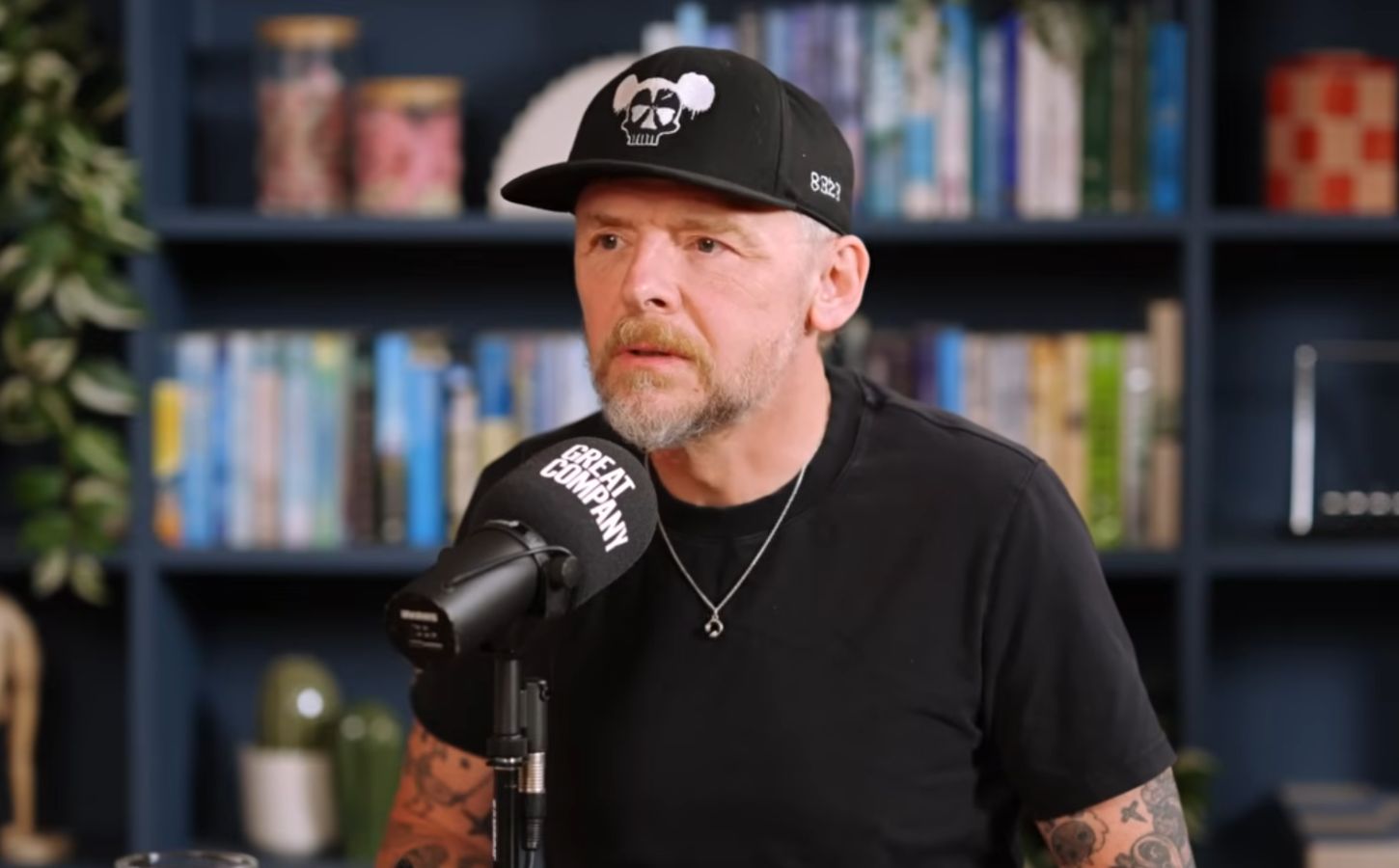 Photo shows Simon Pegg during a recent appearance on the podcast 'Great Company with Jamie Laing,' where Pegg said that humanity's preference to change the environment rather than live in harmony with it makes him think "that maybe humans were a mistake, like an aberration"