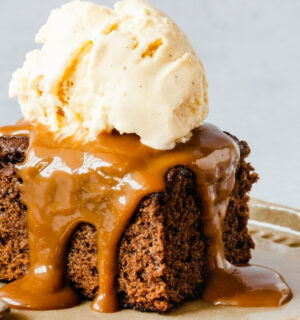 vegan sticky date cake with toffee and vanilla ice cream for vegan recipes that use dates