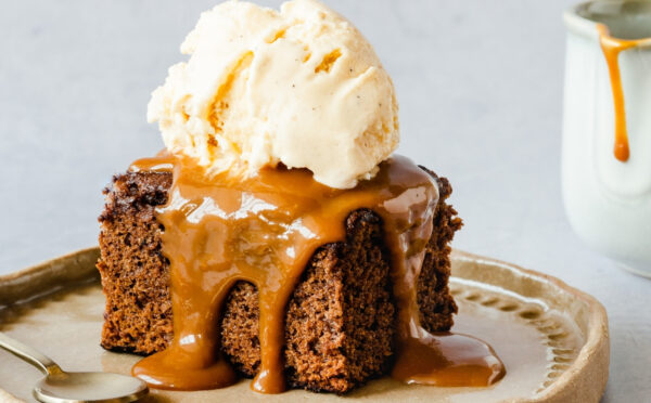 vegan sticky date cake with toffee and vanilla ice cream for vegan recipes that use dates