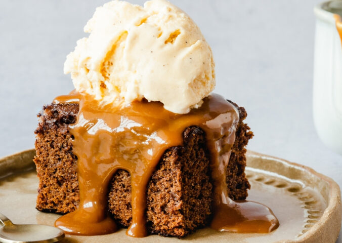vegan sticky date cake with toffee and vanilla ice cream for vegan recipes that use dates