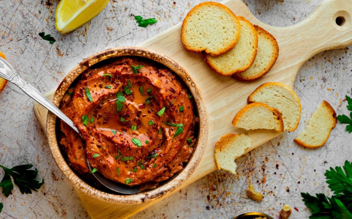 Sun-Dried Tomato Muhammara with red pepper, pomegranate molasses, and tahini