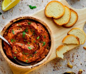 Sun-Dried Tomato Muhammara with red pepper, pomegranate molasses, and tahini