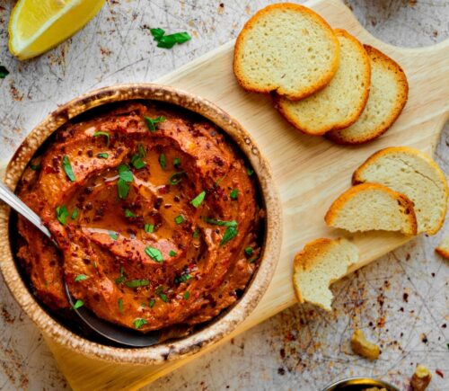 Sun-Dried Tomato Muhammara with red pepper, pomegranate molasses, and tahini