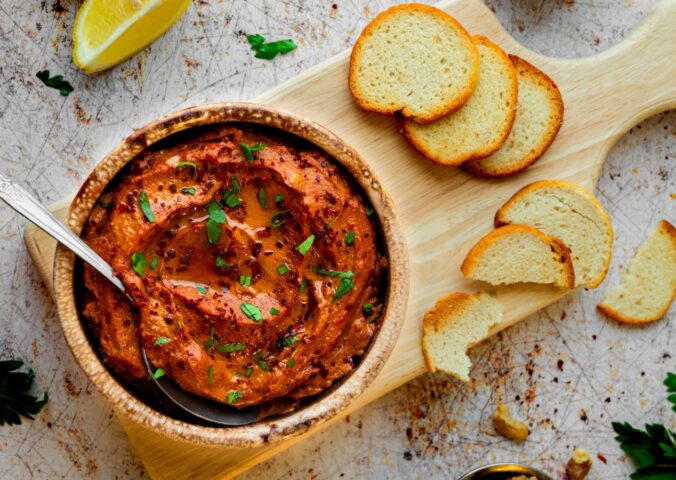 Sun-Dried Tomato Muhammara with red pepper, pomegranate molasses, and tahini