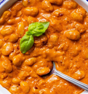 A close-up of beans alla vodka, a plant-based and high protein take on penne alla vodka for 7 Creamy Vegan Tomato Recipes