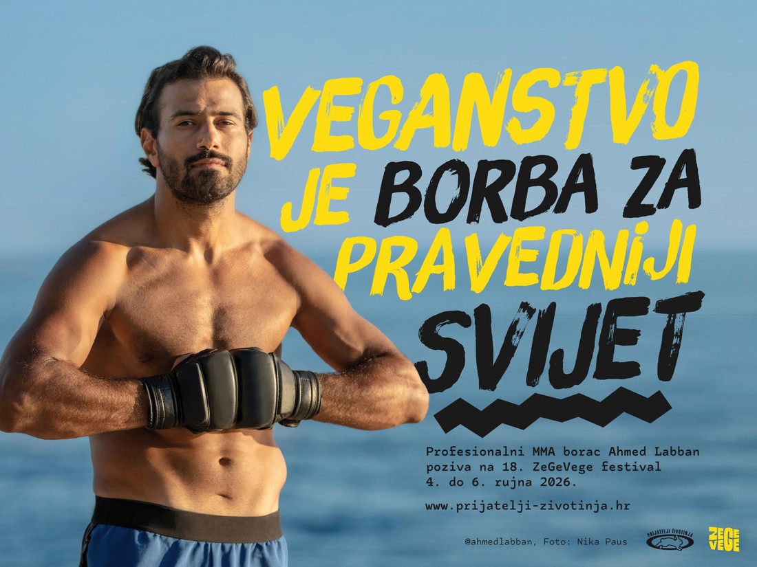 Photo shows vegan MMA fighter Ahmed Labban on a new billboard for ZeGeVege Festival, an upcoming vegetarian event in Croatia