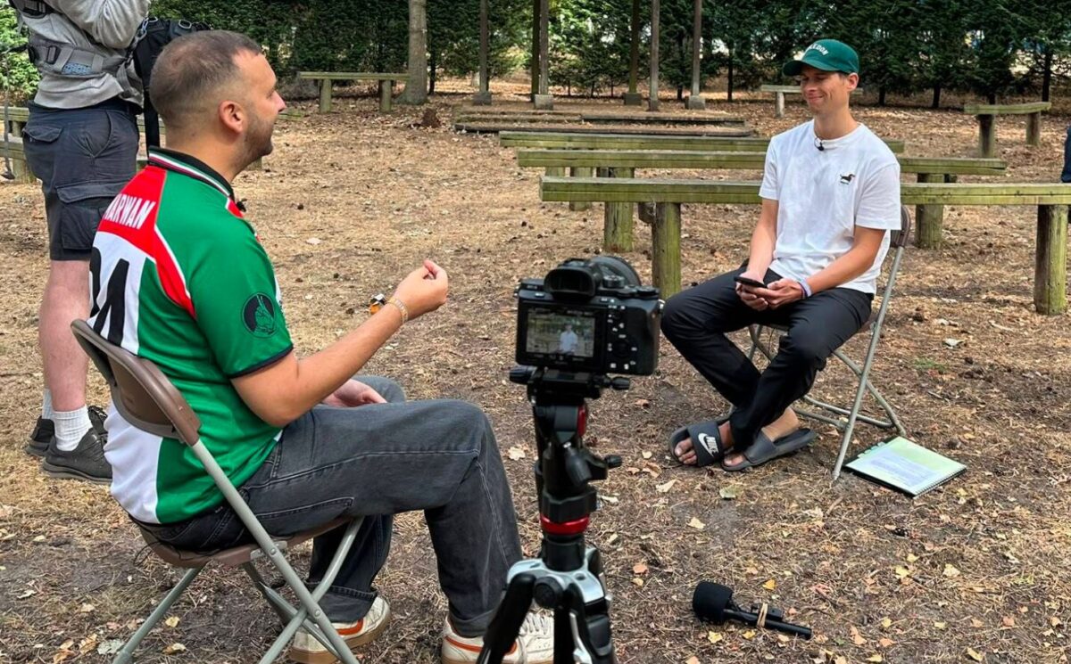 Photo shows Plant Based News founder Klaus Mitchell and leader of the Green Party Zack Polanski during a recent interview at Vegan Camp Out, where Polanski once again said he would end factory farming if he became Prime Minister