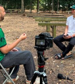 Photo shows Plant Based News founder Klaus Mitchell and leader of the Green Party Zack Polanski during a recent interview at Vegan Camp Out, where Polanski once again said he would end factory farming if he became Prime Minister