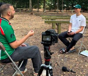 Photo shows Plant Based News founder Klaus Mitchell and leader of the Green Party Zack Polanski during a recent interview at Vegan Camp Out, where Polanski once again said he would end factory farming if he became Prime Minister