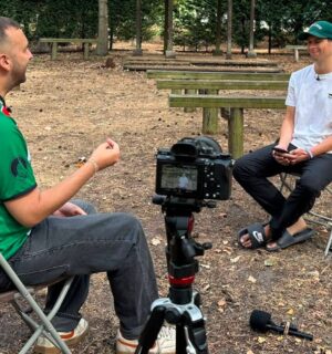 Photo shows Plant Based News founder Klaus Mitchell and leader of the Green Party Zack Polanski during a recent interview at Vegan Camp Out, where Polanski once again said he would end factory farming if he became Prime Minister