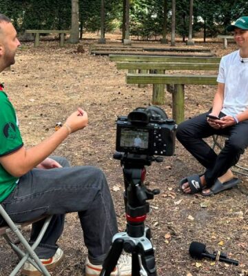 Photo shows Plant Based News founder Klaus Mitchell and leader of the Green Party Zack Polanski during a recent interview at Vegan Camp Out, where Polanski once again said he would end factory farming if he became Prime Minister