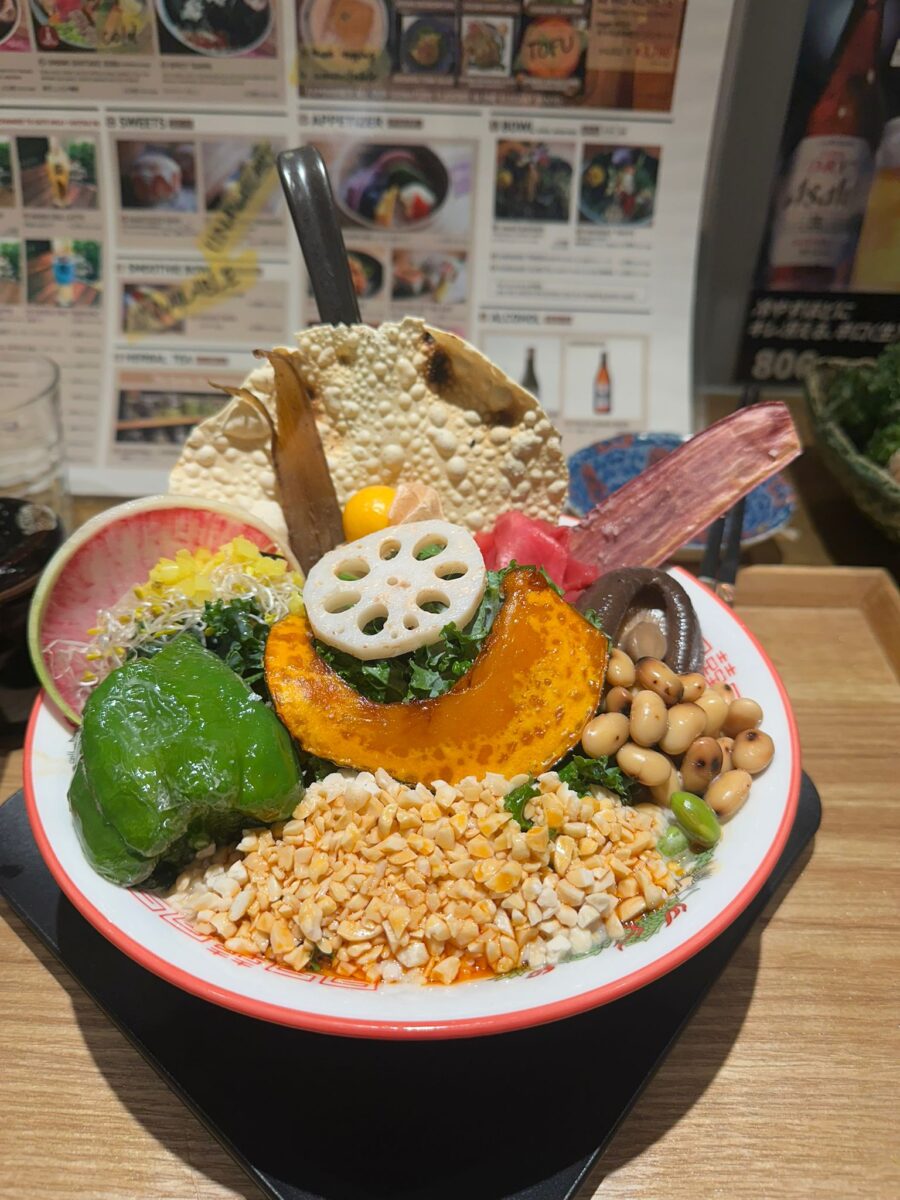 Photo shows a large, colorful bowl of vegan and plant-based ingredients from one of Ahimsa Travel Club's previous tours.