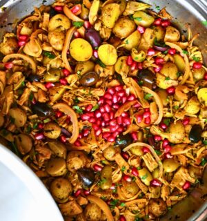 baby potato and jackfruit tagine with preserved lemon, olives, spices, and more