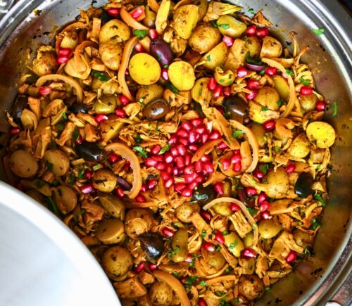 baby potato and jackfruit tagine with preserved lemon, olives, spices, and more