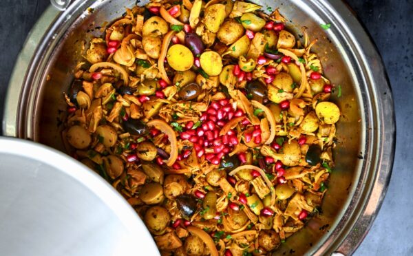 baby potato and jackfruit tagine with preserved lemon, olives, spices, and more