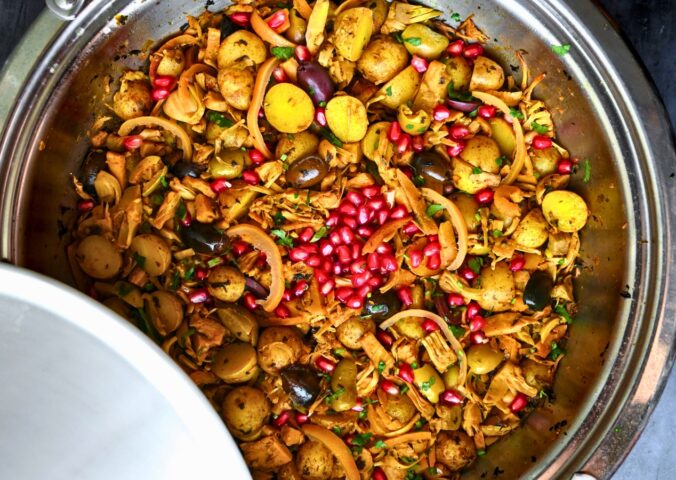 baby potato and jackfruit tagine with preserved lemon, olives, spices, and more