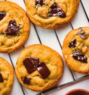Plant-Based Bakery Style Chocolate Chunk Cookies with dark chocolate and sea salt