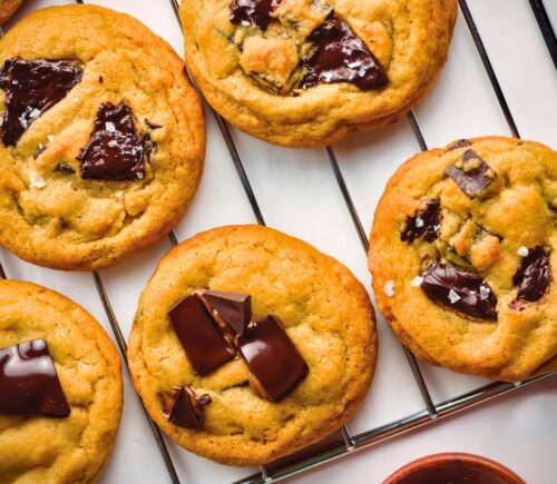 Plant-Based Bakery Style Chocolate Chunk Cookies with dark chocolate and sea salt
