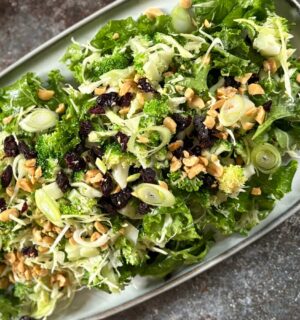 broccoli salad with kale, cabbage, dried cranberries, and peanuts