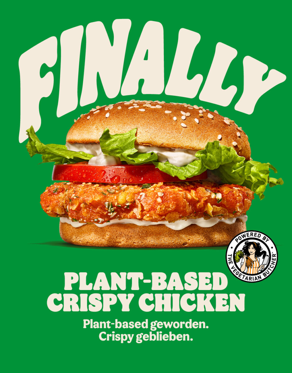 Photo shows a poster for the new Plant-Based Crispy Chicken Burger from Burger King Austria