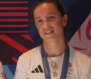 Photo shows Imogen Grant being interviewed by Lottery Good Causes with her Paris 2024 teammate Emily Craig. The pair won gold in the lightweight women's double sculls at the last Olympics. Imogen Grant is currently training for LA 2028 on a vegan diet