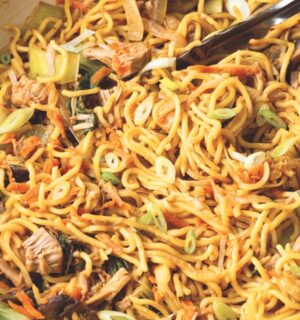 Jackfruit lo mein with chinese noodles, onion, garlic, young jackfruit, pepper, and mushroom