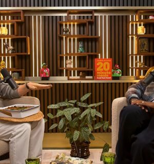 Photo shows Jamie Oliver speaking to Romesh Ranganathan on a recent episode of his podcast, and the celebrity chef brought the comedian a vegan lasagna