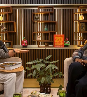 Photo shows Jamie Oliver speaking to Romesh Ranganathan on a recent episode of his podcast, and the celebrity chef brought the comedian a vegan lasagna