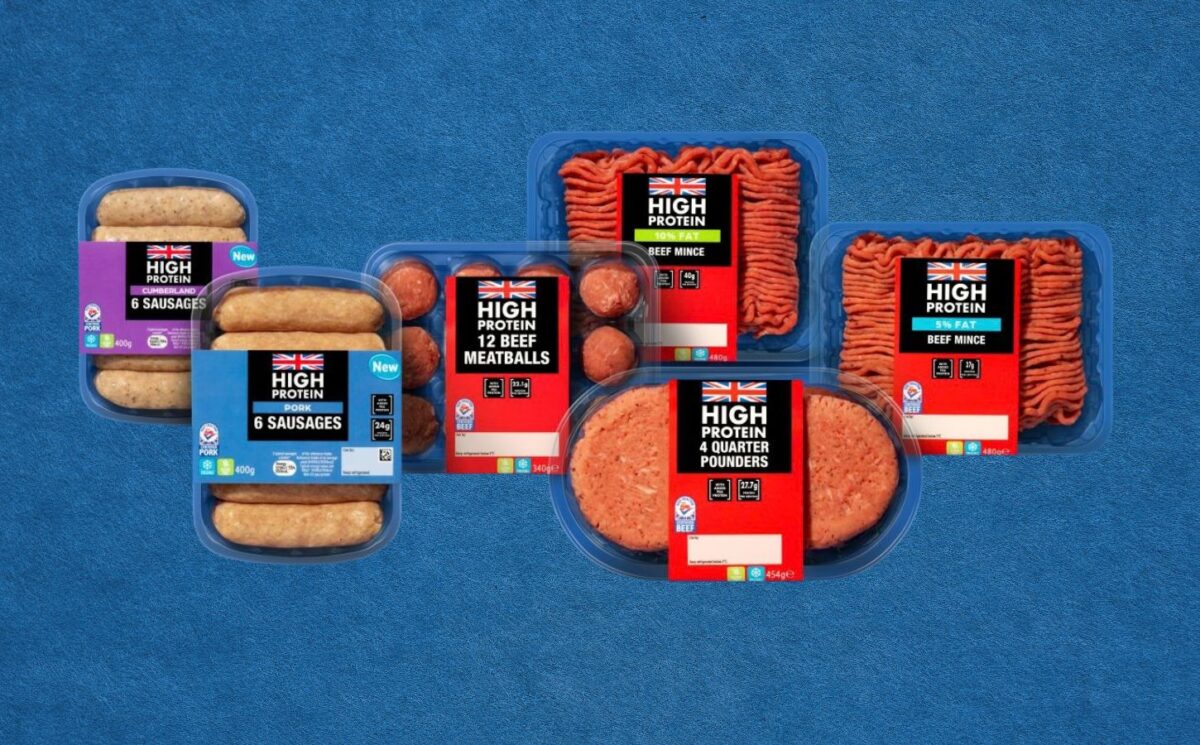 Photo shows the new Lidl blended, or "hybrid" meat products, which are fortified with plant-based pea protein, on a plain blue background