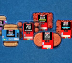 Photo shows the new Lidl blended, or "hybrid" meat products, which are fortified with plant-based pea protein, on a plain blue background